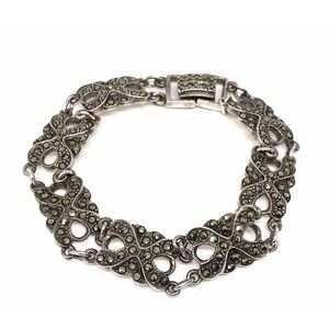 Vintage 925 Sterling Silver Marcasite Deco Style Link Bracelet 7.5"
